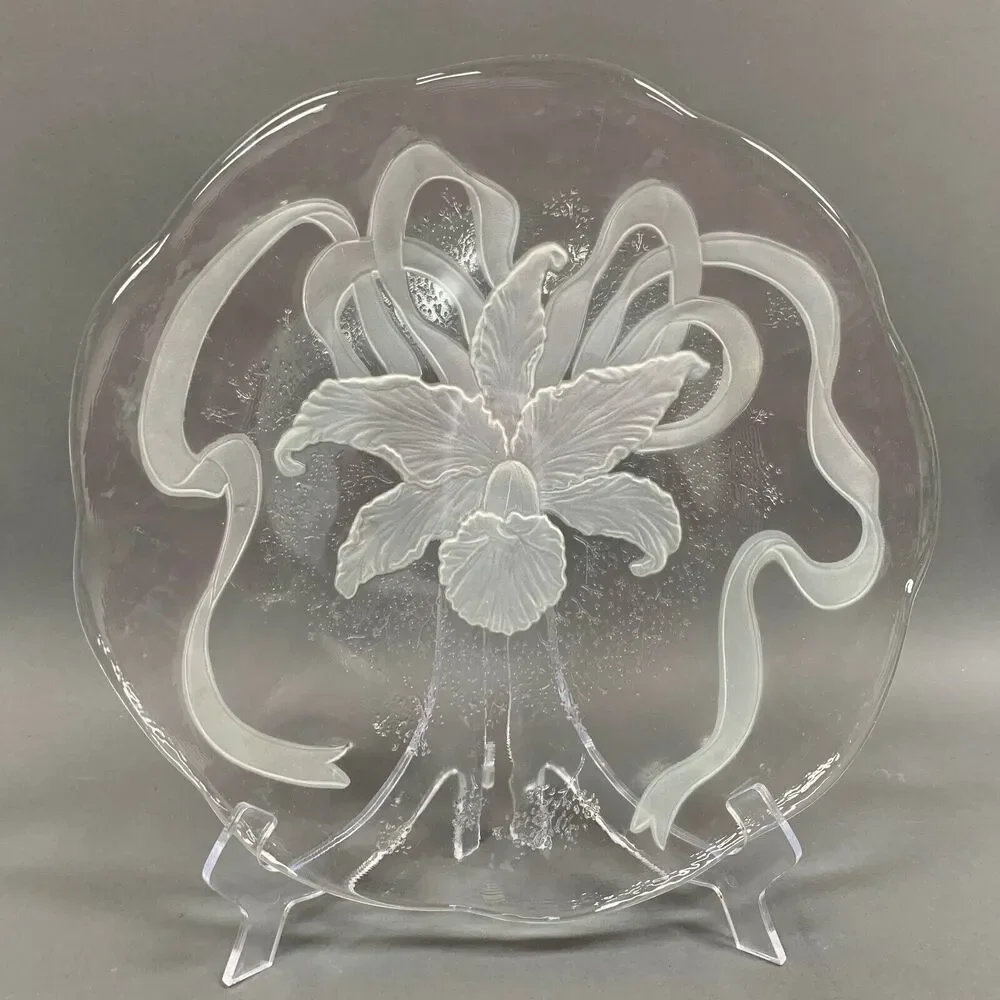 Cake‎ Glass Serving Chop Plate Platter Tray Flower Ribbon Large Thick 12 3/4